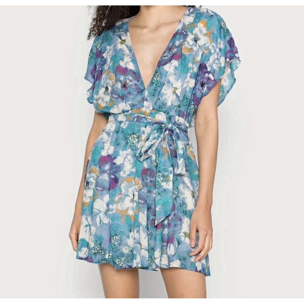Free People Dress Women's Large Floral Short Sleeve Sun Dress Lined Cocktail